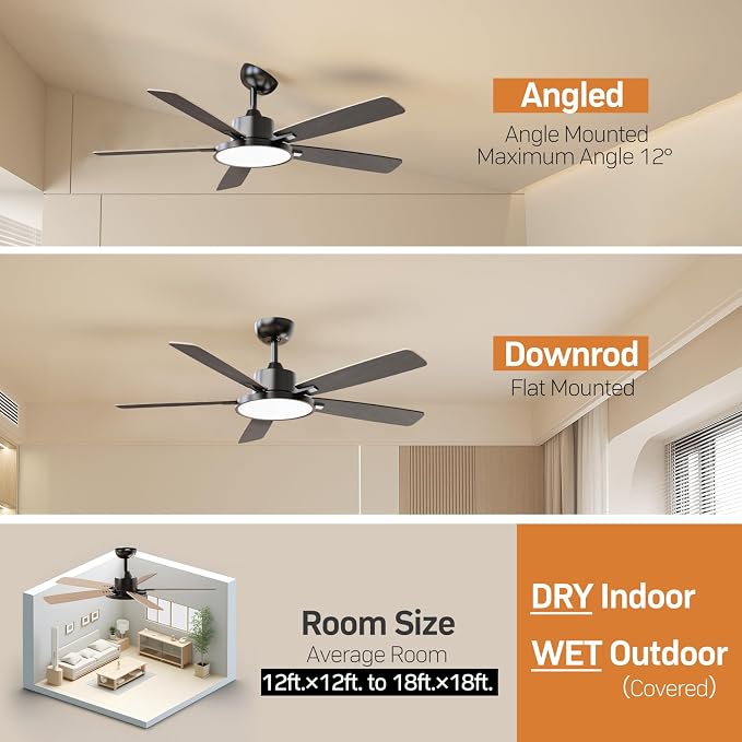 TALOYA 52 Inch Black Walnut Ceiling Fans with Lights Led Back Light Remote Control Flush Mount Low Profile for Bedroom Living Room Outdoor Patio,Reversible,DC Motor,3 Color Temperatures,5 Blades