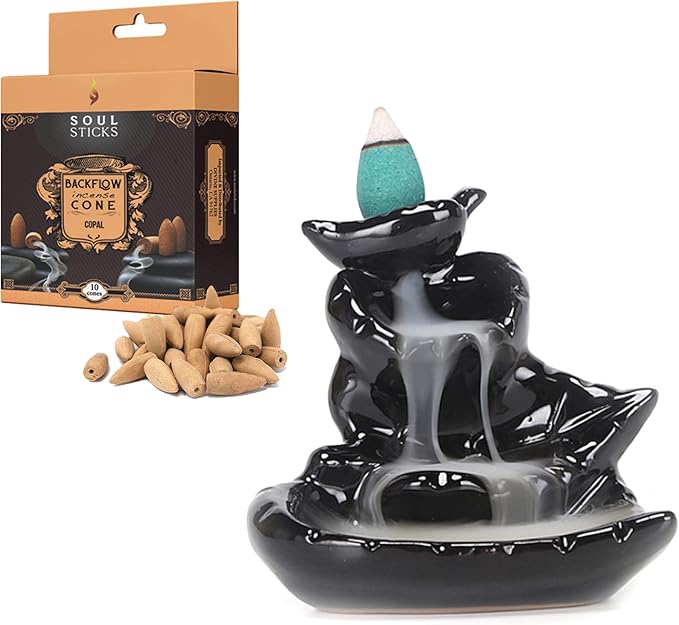 SOUL STICKS Backflow Incense Holder Burner Waterfall Fountain for Home, Office, Yoga, Room Decor & Aromatherapy with 1 Pack of 10 Backflow Fragrance Cones Included (Autumn Falls)
