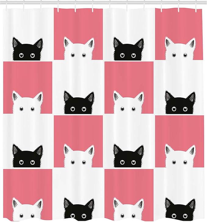 Ambesonne Cats Shower Curtain, Chess Board Design with Kittens Feline Kitty Animals Pets Retro Mosaic, Cloth Fabric Bathroom Decor Set with Hooks, 69" W x 70" L, White Black Pink