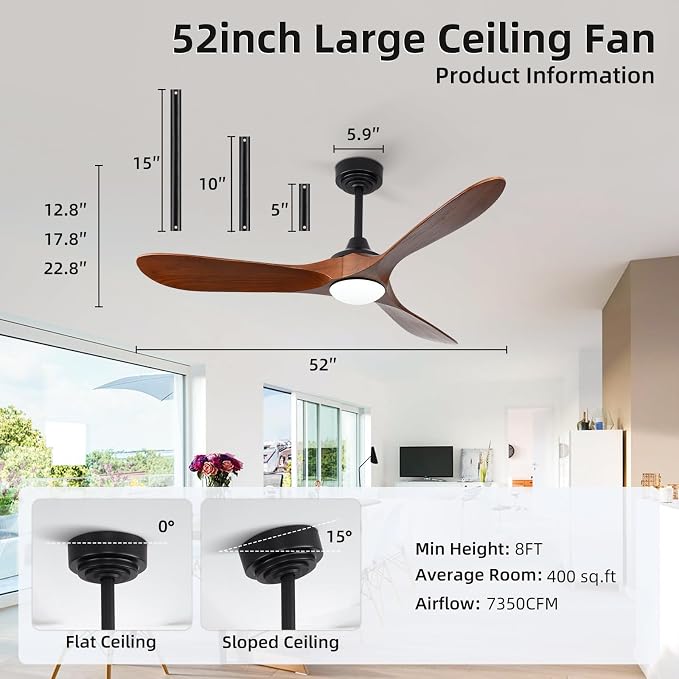 52” Outdoor Ceiling Fan with Light and Remote via WiFi Alexa, 3 Walnut Solid Wood Blade, Noiseless Reversible Dc Motor, Smart Outdoor Wood Ceiling Fan for Farmhouse Patios, Walnut