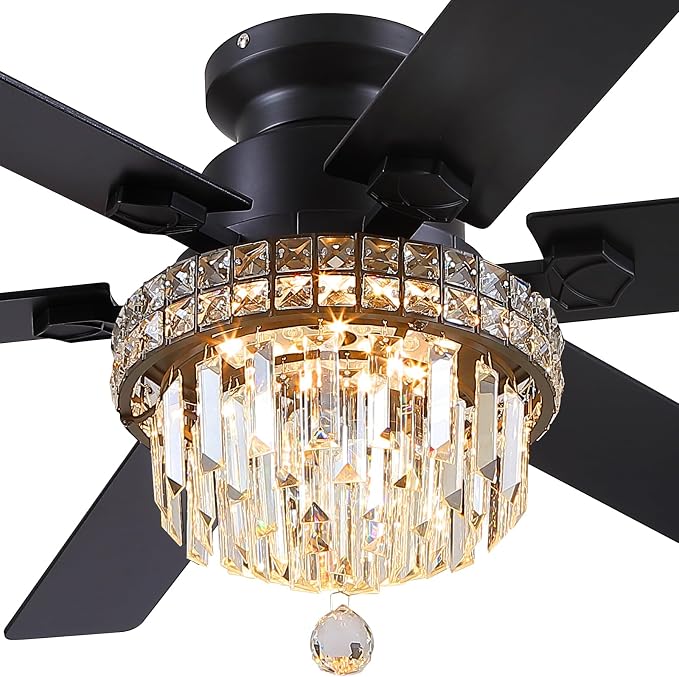 Asyko 52" Low Profile Crystal Ceiling Fans with LED Lights and Remote/APP | Supports Remote and APP,Reversible 6 Wind Speeds,30W Quiet DC Motor,6 Wood Blades,Dimmable 30W LED,Suits for Bedroom Kitchen