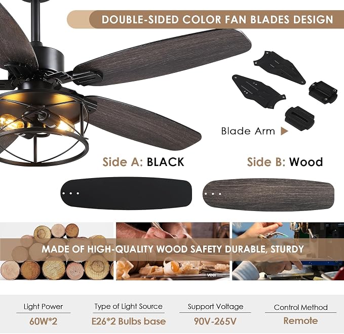 Hounberi 52 Inch Farmhouse Ceiling Fan with Light and Remote Control | 5 Dual Finish Blades, 6 Speeds, Quiet, Reversible DC Motor, Black Industrial Caged Ceiling Fan for Bedroom, Living Room