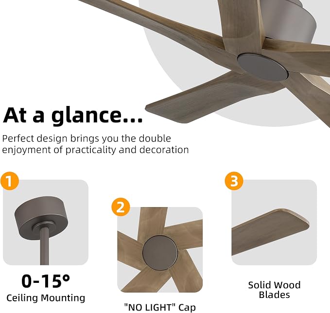 WINGBO 48" DC Ceiling Fan No Light - 5 Carved Solid Wood Blades, 6-Speed Reversible DC Motor, Ceiling Fan without Lights for Living Room Bedroom Kitchen Patio, Indoor and Outdoor, Graphite and Gray