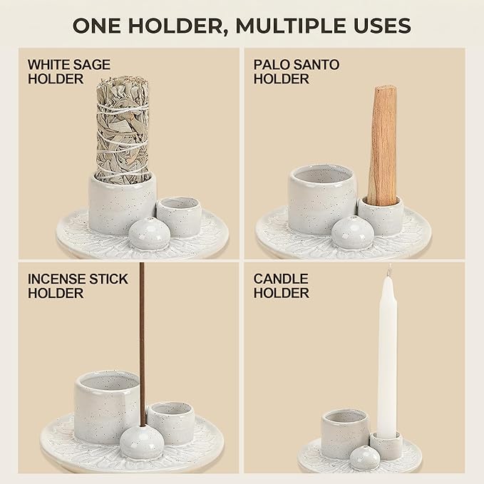 Palo Santo Sticks Holder, Multi-Purpose Handmade Ceramic Incense Burner for Palo Santo Incense Sticks, Sage Holder for Burning, Ash Catcher Tray for Meditation Yoga Room (Spotted White)