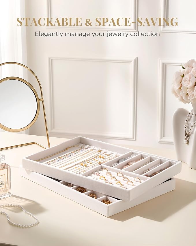 Lolalet Jewelry Drawer Organizer Inserts, Stackable Velvet Tray Jewelry Storage Organizers Set Display Cases for Necklaces Bracelets Earrings Rings Chains Bangles Watches, Beige, Set of 2