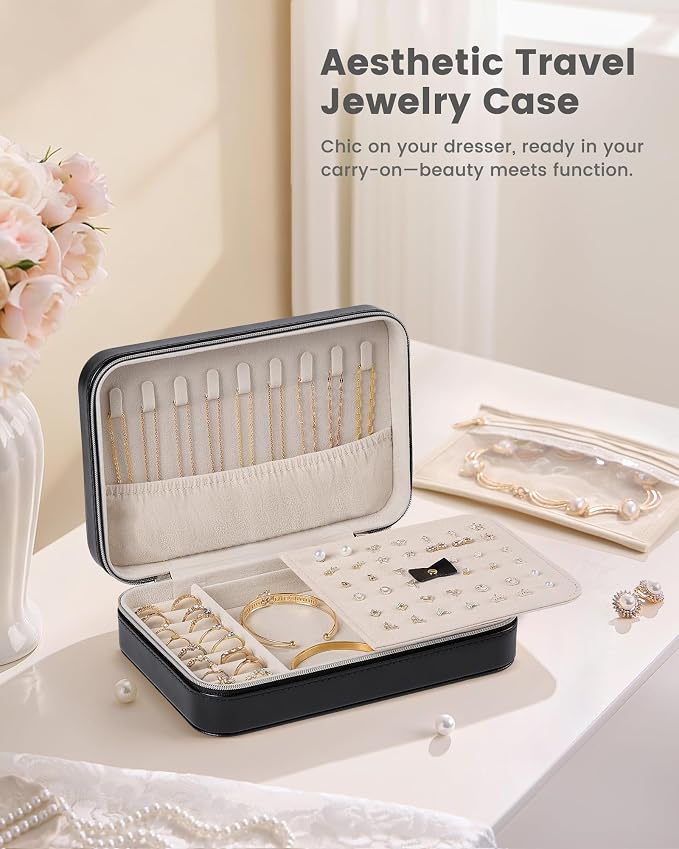 Lolalet Travel Jewelry Case for Women Girls, PU Leather Jewelry Organizer with Clear Storage Bag Small Portable Jewelry Box for Necklace Bracelet Earring Ring Birthday Bridesmaid Gifts -Large/Black