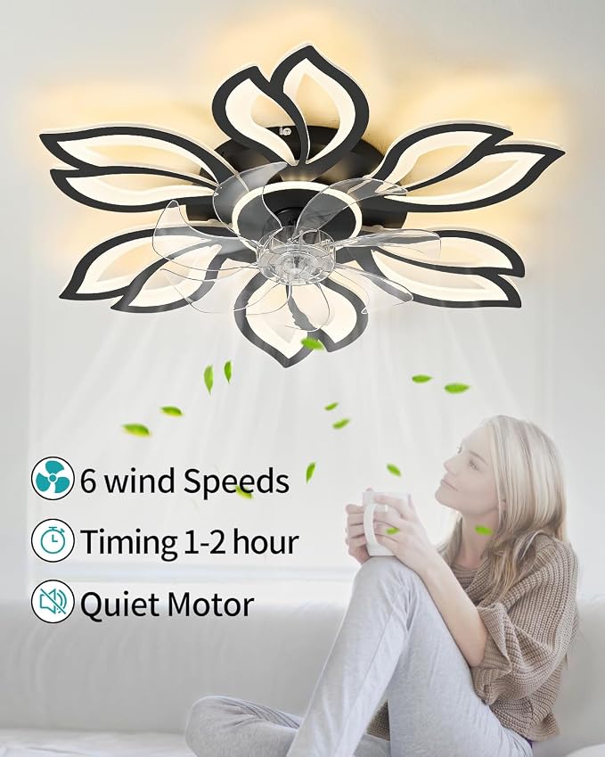 Modern Flower Petal Ceiling Fan with Light, Low Profile Flush Mount LED Fandelier with 3-Color Dimmable Light & 6-Speed Remote, Quiet Bladeless Fan for Bedroom/Living Room – Black