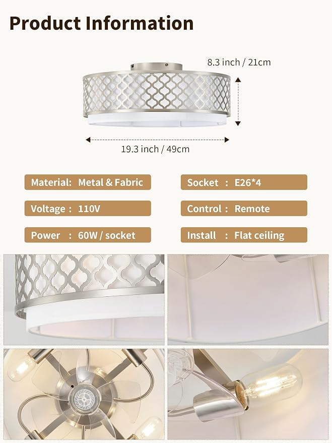 20" Silver Flush Mount Ceiling Fan with Light, Boho Ceiling Fans with Lights Low Profile, Enclosed with Remote Control 6 Speeds for Living Room, Bedroom, Nursery