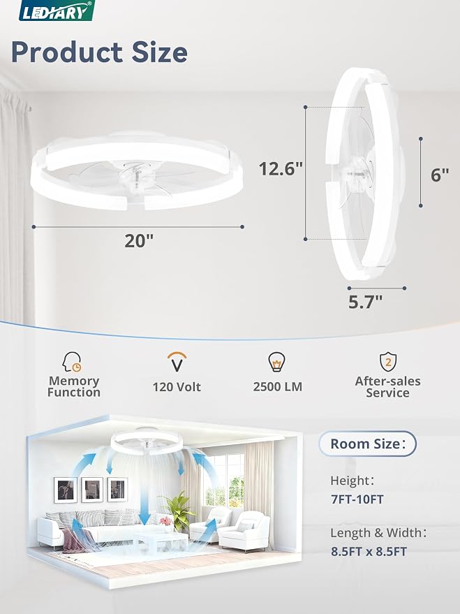 LEDIARY 20" Ceiling Fans with Lights and Remote, Modern Low Profile Ceiling Fan, 3 CCT, Stepless Dimmable, Fandelier Flush Mount Fan Light, 6 Speeds, DC Motor, App & Remote Control for Bedroom(White)