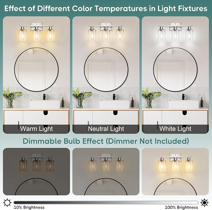 Ascher Bathroom Light Fixtures, 3-Light Vanity Light Over Mirror, Brushed Nickel Wall Sconces with Clear Glass Shades, Wall Lamp for Living Room Bedroom, E26 Base(Bulbs Not Included)