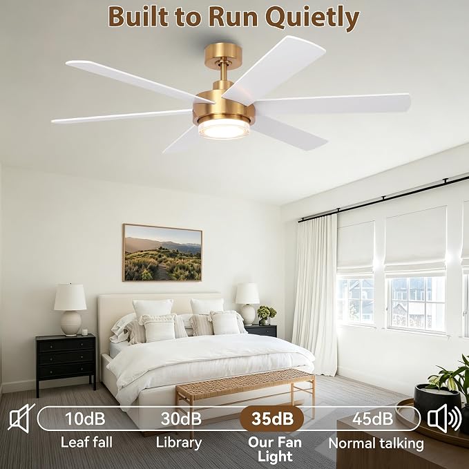54" Gold Ceiling Fan with Lights and Remote, Modern White & Gold Ceiling Fan, Quiet DC Motor, 6-Speed Reversible Fan, Dimmable LED, Luxury Ceiling Fan for Bedroom Living Room Dining Room