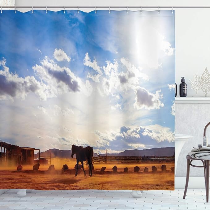 Ambesonne Western Shower Curtain, Horse in Monument Valley Open Sky Clouds Arizona America Landscape Print, Cloth Fabric Bathroom Decor Set with Hooks, 69" W x 75" L, Cream Blue