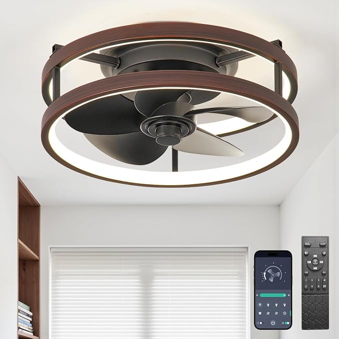 13 Inch Small Ceiling Fan with Light and Remote, Low Profile Flush Mount Fandelier, Dimmable 3CCT Quiet LED Ceiling Fans for Bedroom Iron Walnut