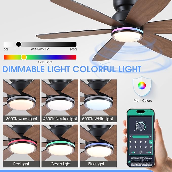 Kviflon 46 In Ceiling Fans with RGB Lights, Low Profile Ceiling Fan Remote/APP Control, Flush Mount, Double-Sided 6 Reversible Blades, RGB+3CCT Dimmable Lights, Double Lampshade for Bedroom, Brown