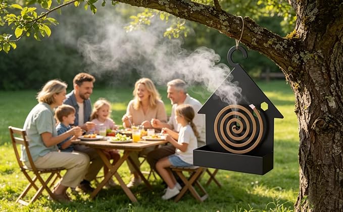 House-Shaped Mosquito Coil Holder, Portable Incense Burner with Buckles for Outdoor, Camping, Patio, Pool Side (Black)
