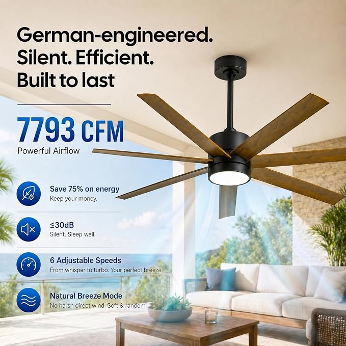 56 Inch Wet Rated Outdoor Ceiling Fan with Light, Waterproof All Weather 7 Brown Blades, Smart App/Voice/Remote Control, High CFM Quiet DC Motor & UV Coating, for Exterior Patios, Gazebo Porch Pergola