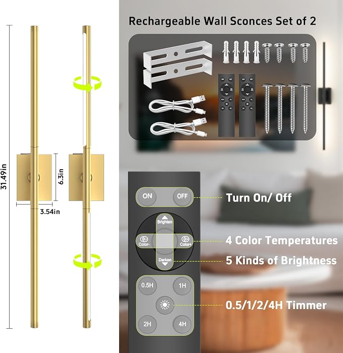 Battery Operated Wall Sconces Set of Two: Dimmable Wireless Wall Lights with Remote, 31-inch LED Rechargeable Sconces, 360° Lighting Wall Scone Decor for TV, Mirror, Bedroom, Living Room(Gold)