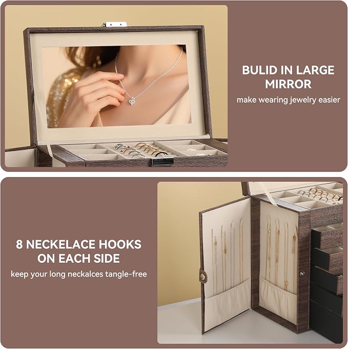 Frebeauty 6-Layer Jewelry Box for Women,Large Jewelry Organizer with Drawer | Faux Leather,Built-in Mirror,Spacious Jewelry Storage,16 Necklace Hooks,Organizing by Category for Rings Earrings Bracelet