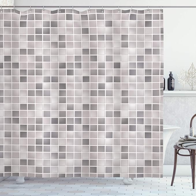 Ambesonne Pale Grey Shower Curtain, Square Tiles Classic Mosaic Patterns Print on The Modern Background Urban Life Boho, Cloth Fabric Bathroom Decor Set with Hooks, 69" W x 84" L, Pale Grey