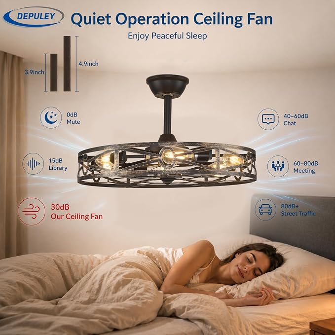 Depuley Caged Ceiling Fans with Light: 24-Inch Bronze Metal Enclosed Farmhouse Fandelier for Kitchen Bedroom - Industrial Semi Flush Mount Ceiling Fan with Remote 6 Speeds Reversible Motor Timer