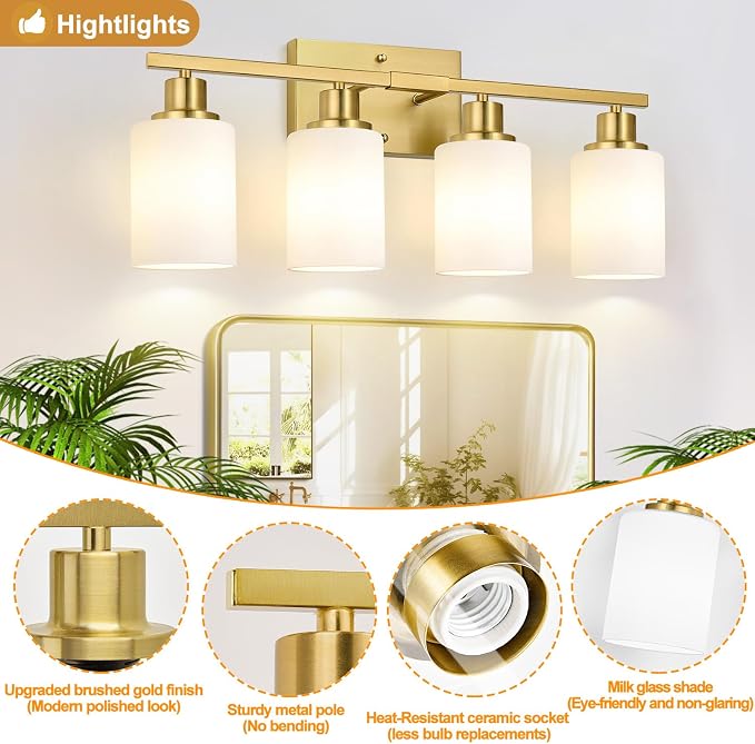 Indoi 4-Light Bathroom Light Fixtures, Brushed Gold Modern Vanity Lights with Milky White Shades, Bathroom Wall Lamp for Mirror Living Room Cabinet Bedroom Porch