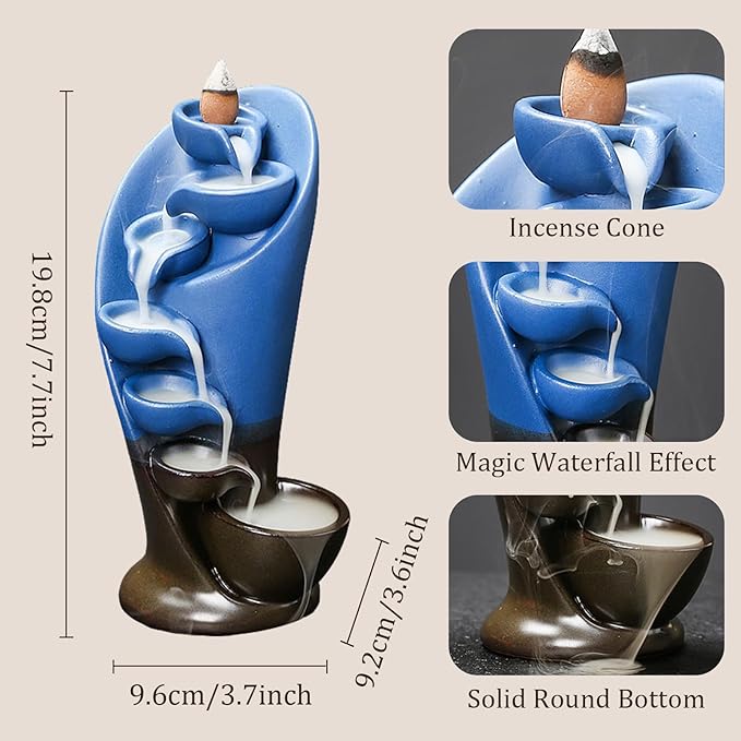 YYW Backflow Incense Burner Holder Handmade Statue Decor Fountain Waterfall Incense Holder with 20 Backflow Incense Cones 30 Incense Sticks 1 Tweezer 1 Mat for Indoor Meditation Yoga (Navy Blue)
