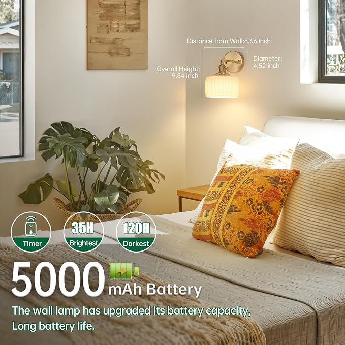 Shenmoyl Vintage Battery Operated Wall Sconce with White Striped Glass Lampshade 5000 mAh Rechargeable Battery Powered Wall Light with Remote Control for Bedside Bedroom Doorway