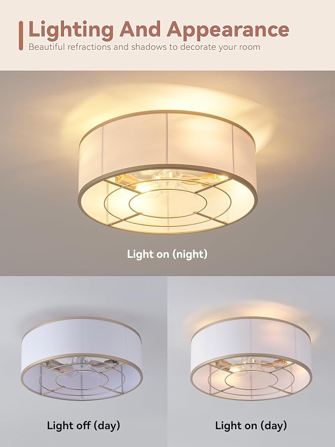 Low Profile Ceiling Fans with Lights, 20" Gold Boho Ceiling Fan with Light Flush Mount and Remote Control, Drum Caged with 6 Speeds for Bedroom, Nursery, Living Room