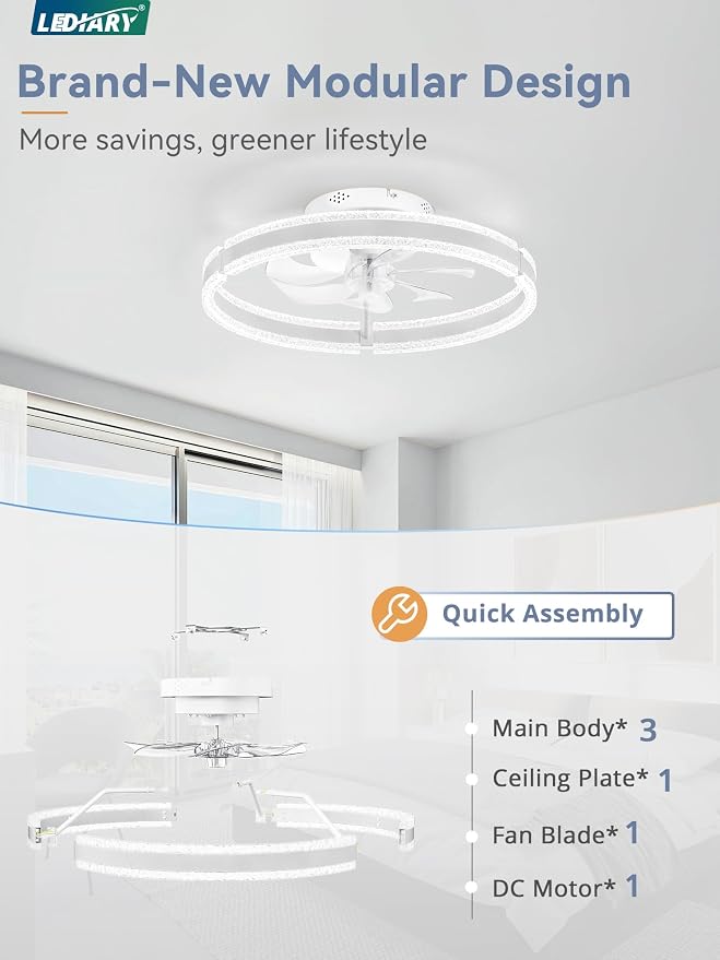 LEDIARY Ceiling Fans with Lights and Remote, 20'' Low Profile Ceiling Fan with Light, 3000-6000K Dimmable Fandelier Ceiling Fans, Modern Flush Mount Fan Light for Bedroom with 6 Wind Speeds- White