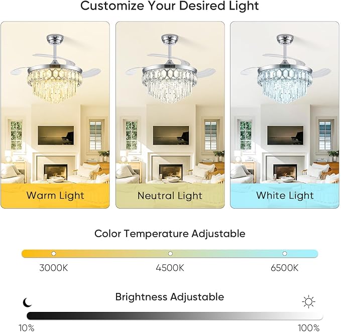 FIDGRA 48 Inch Fandelier Ceiling Fan with Light, Retractable Ceiling Fan with Lights Chandelier Fan for Bedroom, Living Room, 3 Color Temperature, 6 Wind Speed-Chrome