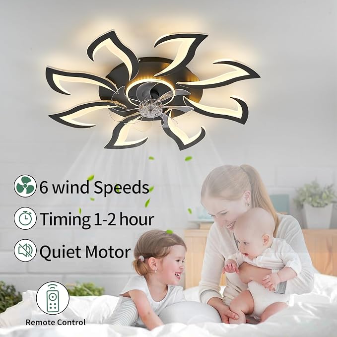 Modern Ceiling Fan with Lights, Black Flush Mount Ceiling Fan with Remote & APP Control, Dimmable LED Fan Light, 6 Speeds Low Profile Ceiling Fan for Bedroom Living Room