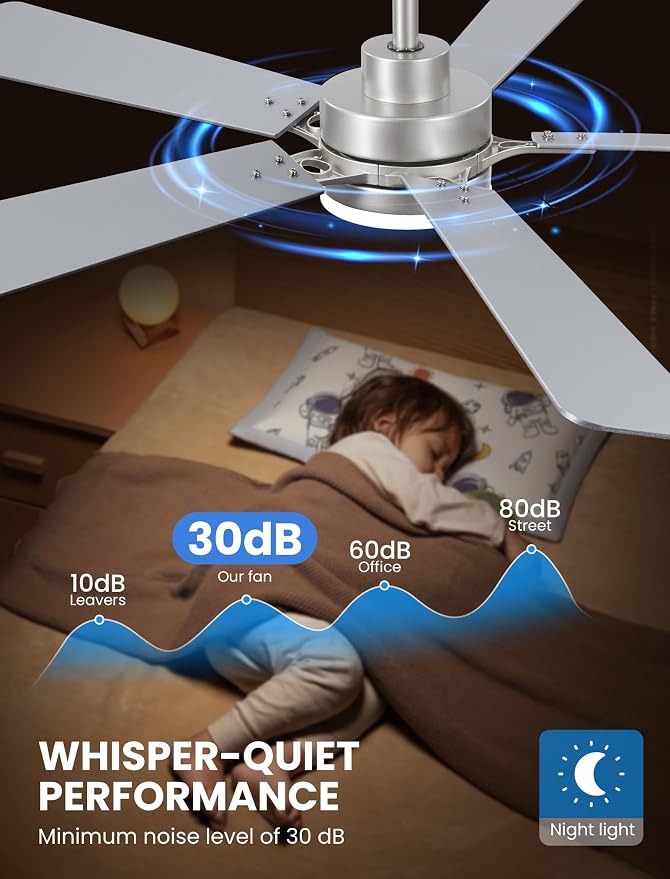 52 Inch Ceiling Fan with Lights and Remote, Downrod Mount, Sloped Ceiling Compatible up to 15°, Quiet Reversible DC Motor, 3CCT Dimmable LED, Nickel Ceiling Fan for Bedroom Living Room