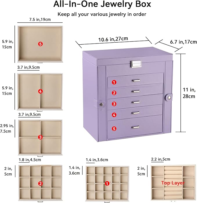 Frebeauty 6-Layer Jewelry Box for Women,Large Jewelry Organizer with Drawer | Faux Leather,Built-in Mirror,Spacious Jewelry Storage,16 Necklace Hooks,Organizing by Category for Rings Earrings Bracelet
