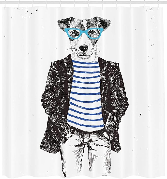 Ambesonne Quirky Shower Curtain, Hipster Jack Russell Dog with Glasses Hand Drawn Sketchy Fashion Animal Fun, Cloth Fabric Bathroom Decor Set with Hooks, 69" W x 84" L, Black White