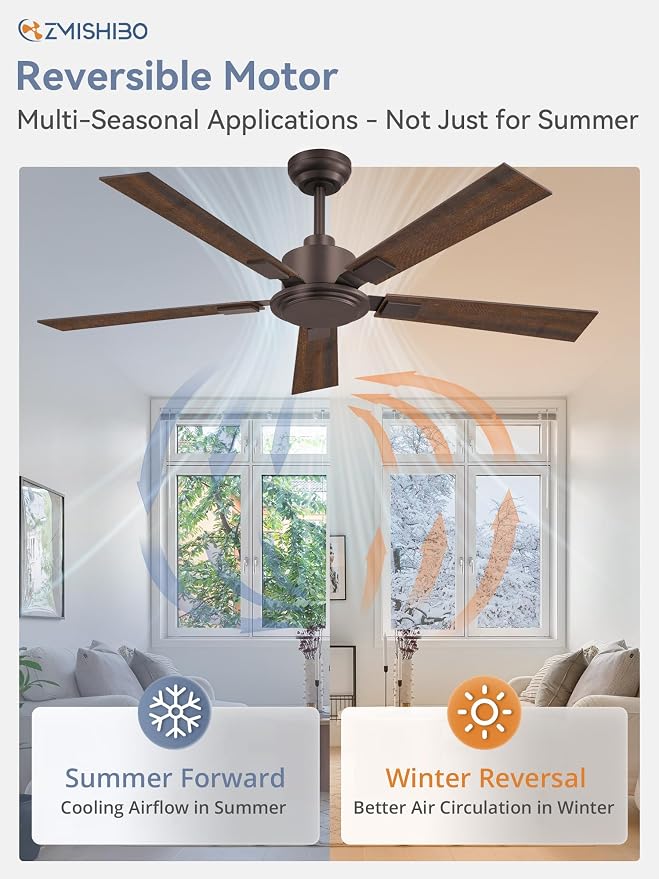 ZMISHIBO 52 Inch Ceiling Fan No Light with Remote Modern Bronze Ceiling Fan with Quiet Reversible DC Motor, 6-Speeds 5 Blades, Indoor/Outdoor Ceiling Fans Without Light for Patio, Living Room, Garage