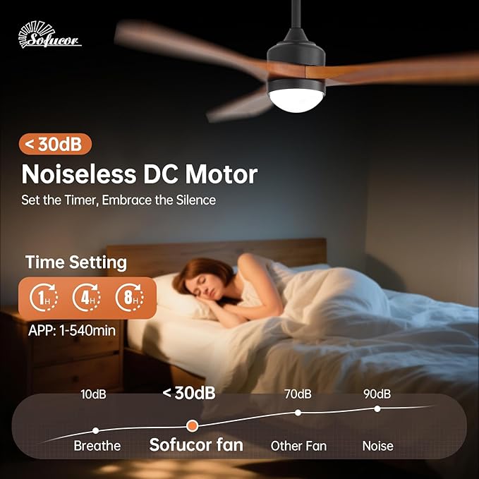 Sofucor 52" Smart Wood Ceiling Fans Lights, Flush Mount & Downrod Mount, 3 Wood Blades Modern Outdoor Ceiling Fans with Alexa/Google Assistant/APP/Remote Control for Bedroom, Farmhouse, Patio, Indoor