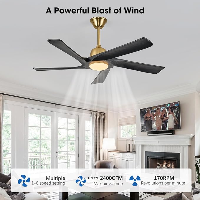 52 Inch DC Ceiling Fan with Light, 5 Solid Wood Blades, Remote and APP Control, 3-color Dimmable, 6-speed Reversible, Noiseless Ceiling Fan for Bedroom, Living Room, Black Gold