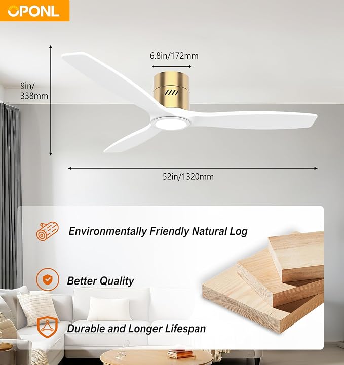 OPONL Ceiling Fan with Light, 52 inch Low Profile Ceiling fan with Light and Remote Control, Reversible, 6CCT, Dimmable, Noiseless, White Ceiling Fan for Bedroom, Indoor/Outdoor Use, Wood