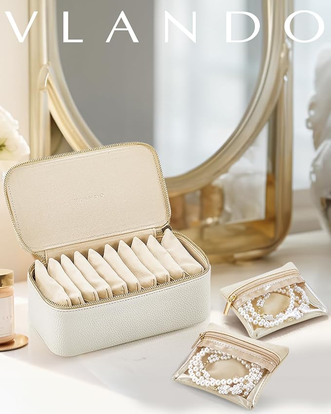 VLANDO Jewelry Travel Case,Gift for Women,Travel Jewelry Organizer with Clear Velvet Jewelry Bags Zipper Pouch for Women Girl Gift-12Pcs White