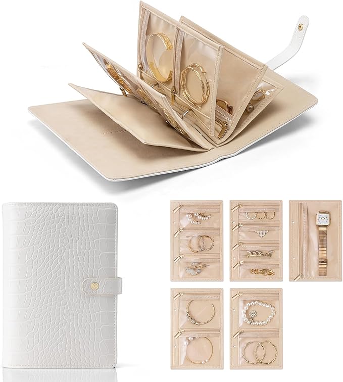 VLANDO Travel Jewelry Case,Jewelry Organizers and Storage Jewelry Book Ring Binder with Clear Zipper Velvet Jewelry Pouches Bags for Rings,Necklace,Earrings-White