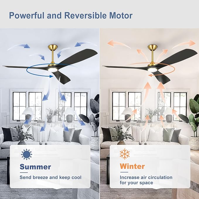 Modern Ceiling Fan with Light: Black and Gold Ceiling Fans with Remote and Smart APP Control 3 Blades - 60 Inch Ceiling Fan for Indoor Living Room Bedroom