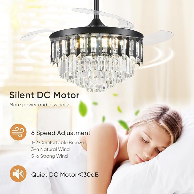 TXCSLY 48" Fandelier Ceiling Fan with Light, Crystal Chandelier Fan with Retractable Blades Dimmable Crystal Ceiling Fan Chandelier for Bedroom Living Room Dining Room-Black