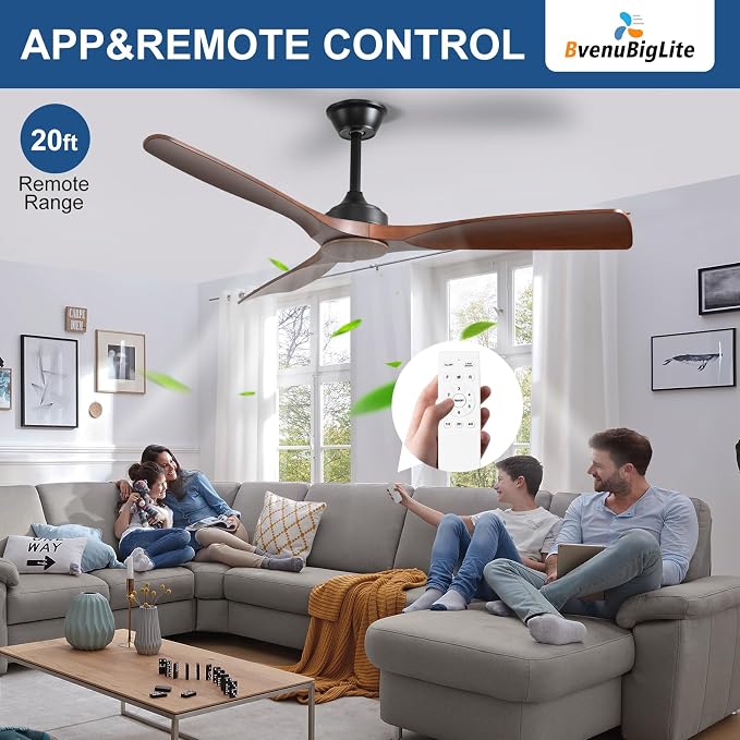 Ceiling Fan Without Light: 52 Inch Outdoor Fan for Patios - Walnut Ceiling Fan No Light Indoor - Modern 3 Blade Fan with Remote APP Control Reversible 6 Speed DC Motor