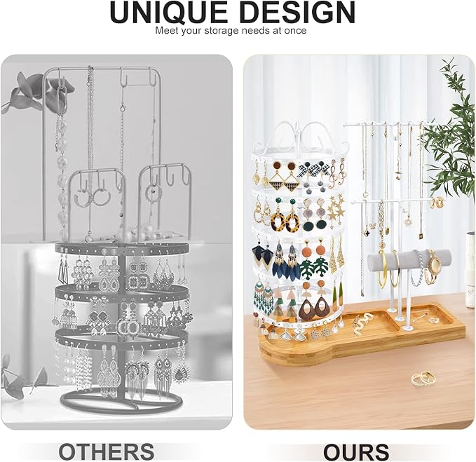 Jewelry Organizer Stand with Bamboo Base, Metal Rotating Earring Holder Organizer, Multi-Functional Adjustable Necklace Rack Holder Bracelet Watch Holder for Jewelry Earrings Ring