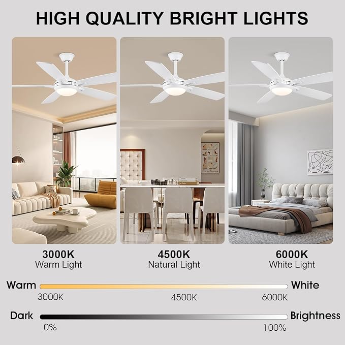 Kviflon 52 Inch Ceiling Fans with Lights and Remote, Modern Indoor Outdoor Ceiling Fan for Bedroom Living Room Patio Porch, 6 Speeds, Reversible Quiet Motor, Dual Finish Wooden Blades, White