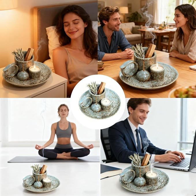 4 in 1 Ceramic Incense Burner Sage Burner with Handle, Sage Holder for Burning Sage, Palo Santo Stick, Joss Sticks and Candle, Ideal for New House, Office, Yoga and Meditation Room