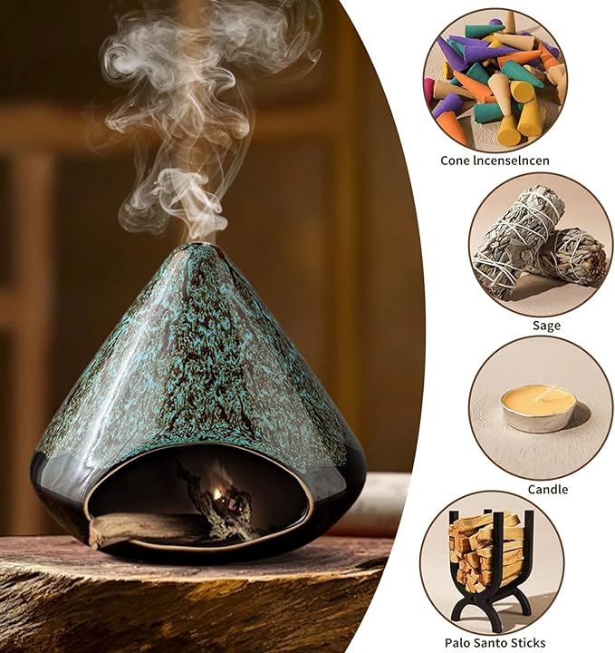 Handcrafted Ceramic Palo Santo Holder – Artistic Incense Burner for Meditation, Viridis Mindfulness & Zen Home Decor – Wabi-Sabi Style Cone Sculpture, Gift for Yoga, Relaxation & Aromatherapy