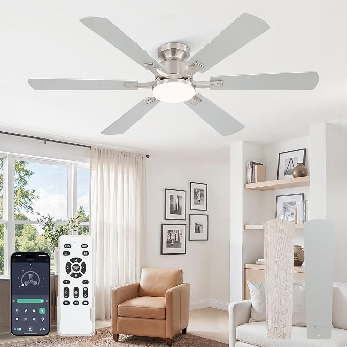 Fanbulous 52 Inch Ceiling Fan with Lights, APP & Remote Control, Flush Mount Low Profile Brushed Nickel Ceiling Fan, 3000-6000K Dimmable LED, Quiet Reversible Motor, 6 Speeds, for Bedroom Living Room