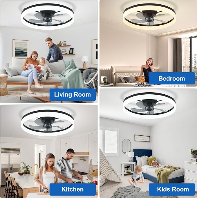DLLT Bladeless Ceiling Fans with Lights: 24 Inch Modern Flush Mount Low Profile Ceiling Fan with APP Remote Control - Black Enclosed LED Fandelier Dimmable Quiet DC Motor for Bedroom Living Room