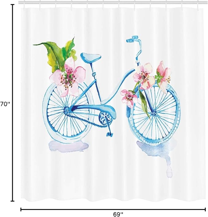 Ambesonne Bicycle Shower Curtain, Grungy Inspired Watercolors Textured Bicycle with Orchids Romantic Vehicle, Cloth Fabric Bathroom Decor Set with Hooks, 69" W x 70" L, Pink Blue